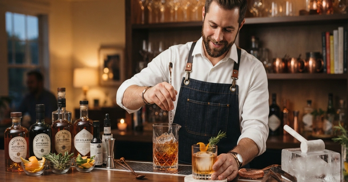 A professional male bartender crafting jalbitedrinks liquor recipes by justalittlebite using premium spirits, clear ice blocks, and fresh botanicals at a luxury Forbes-style wooden bar counter.